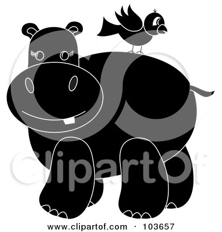 Royalty-Free (RF) Clipart Illustration of a Silhouetted Bird On A Hippo's Back by Pams Clipart