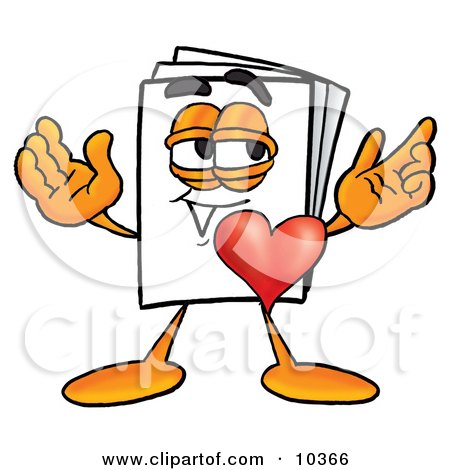 Clipart Picture of a Paper Mascot Cartoon Character With His Heart Beating Out of His Chest by Mascot Junction