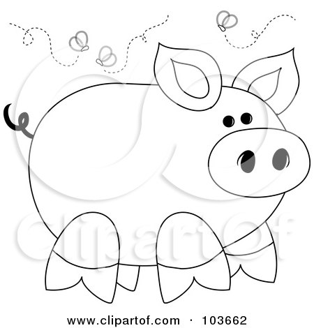 Royalty-Free (RF) Clipart Illustration of a Coloring Page Outline Of A Stinky Piggy Surrounded By Flies by Pams Clipart