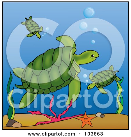 Royalty-Free (RF) Clipart Illustration of a Green Sea Turtle Watching Over Babies In The Ocean by Pams Clipart