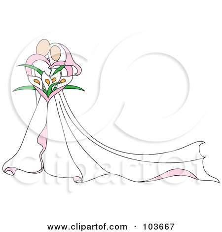 Royalty-Free (RF) Clipart Illustration of an Abstract Embracing Bride And Groom With A Calla Lily Bouquet by Pams Clipart