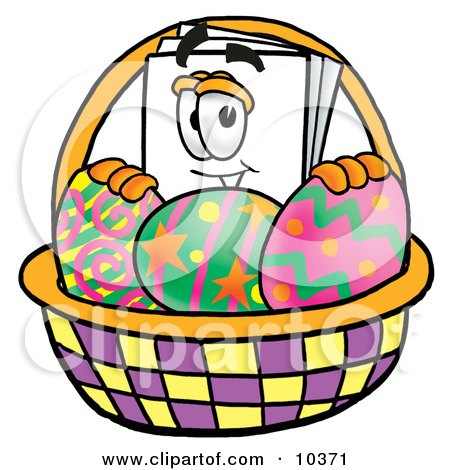 Clipart Picture of a Paper Mascot Cartoon Character in an Easter Basket Full of Decorated Easter Eggs by Mascot Junction