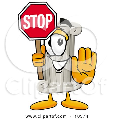 Clipart Picture of a Pillar Mascot Cartoon Character Holding a Stop Sign by Mascot Junction