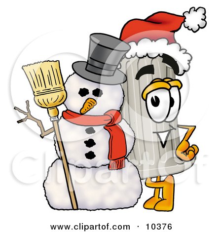Clipart Picture of a Pillar Mascot Cartoon Character With a Snowman on Christmas by Mascot Junction