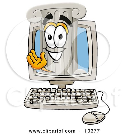 Clipart Picture of a Pillar Mascot Cartoon Character Waving From Inside a Computer Screen by Mascot Junction