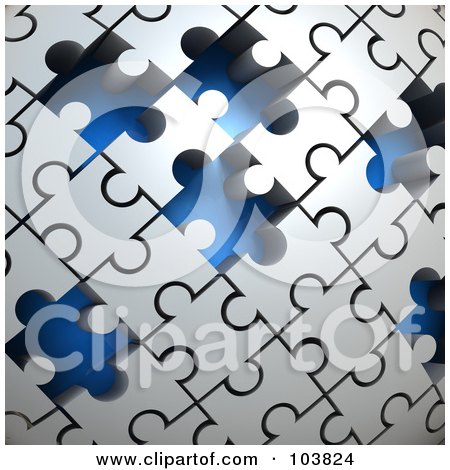Royalty-Free (RF) Clipart Illustration of a 3d Curved Gray Puzzle Surface With Blue Spaces Where Pieces Are Missing by Tonis Pan