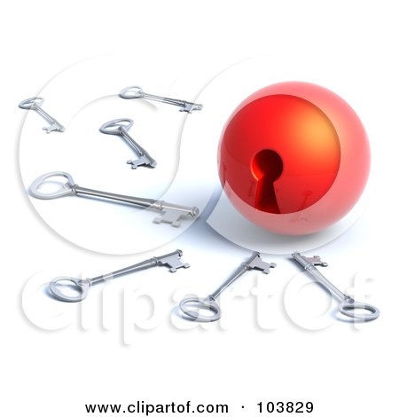 Royalty-Free (RF) Clipart Illustration of a 3d Group Of Skeleton Keys Scattered Around A Keyhole Ball by Tonis Pan