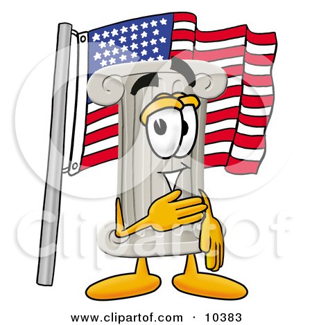 Clipart Picture of a Pillar Mascot Cartoon Character Pledging Allegiance to an American Flag by Mascot Junction