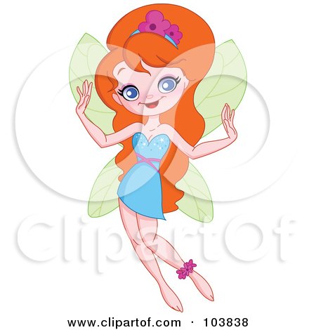 Royalty-Free (RF) Clipart Illustration of a Pretty Fairy With Big Red Hair, Flying In A Blue Dress by yayayoyo