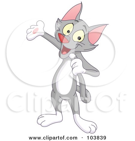 Royalty-Free (RF) Clipart Illustration of a Cute Gray Cat Standing, Talking Into His Tail And Presenting With One Paw by yayayoyo