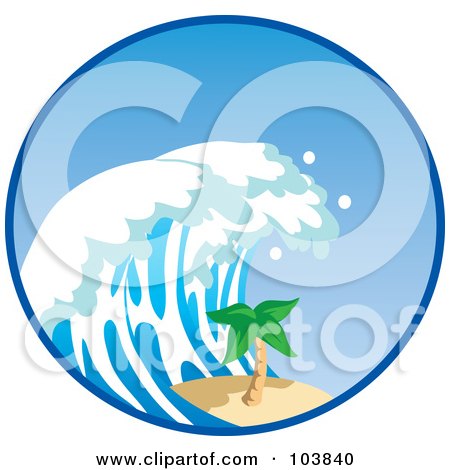 Royalty-Free (RF) Clipart Illustration of a Tsunami Wave Nearing A Palm Tree In A Circle by Rosie Piter