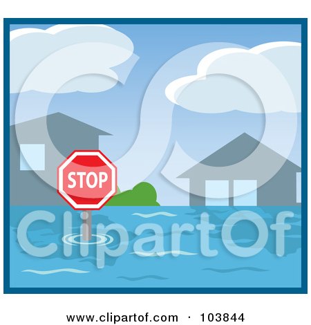Royalty-Free (RF) Clipart Illustration of a Stop Sign And Roof Tops Sticking Out Of Flood Waters by Rosie Piter