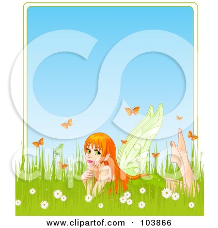 Royalty-Free (RF) Clipart Illustration of a Pretty Red Haired Fairy Laying In Grass, Surrounded By Flowers And Butterflies, With Blue Text Space by Pushkin