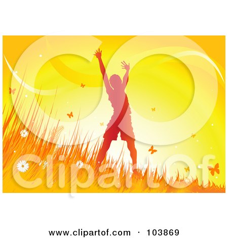 Royalty-Free (RF) Clipart Illustration of a Happy Silhouetted Boy Holding His Arms Up And Standing In Grass, Surrounded By Butterflies At Sunset by Pushkin