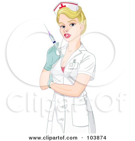 Beautiful Blond Nurse With Red Lips, Holding A Syringe Posters, Art ...