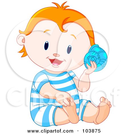 Royalty-Free (RF) Clipart Illustration of a Happy Beach Baby Boy Listening To A Shell by Pushkin