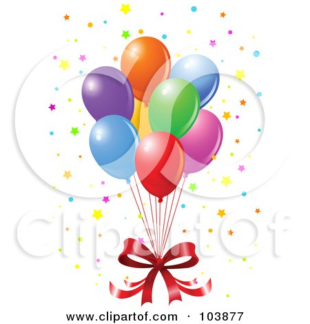 Royalty-Free (RF) Clipart Illustration of a Red Bow And A Bundle Of Floating Party Balloons With Starry Confetti by Pushkin