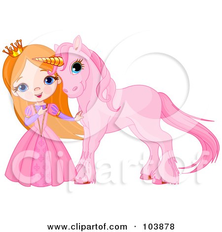 Royalty-Free (RF) Clipart Illustration of a Red Haired Princess Petting Her Pink Unicorn by Pushkin