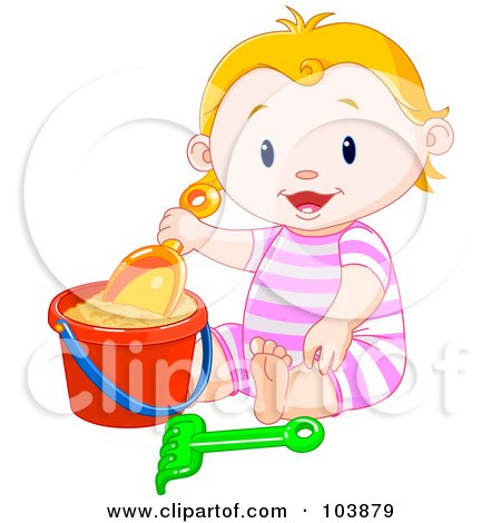 Royalty-Free (RF) Clipart Illustration of a Happy Beach Baby Girl Playing In Sand by Pushkin