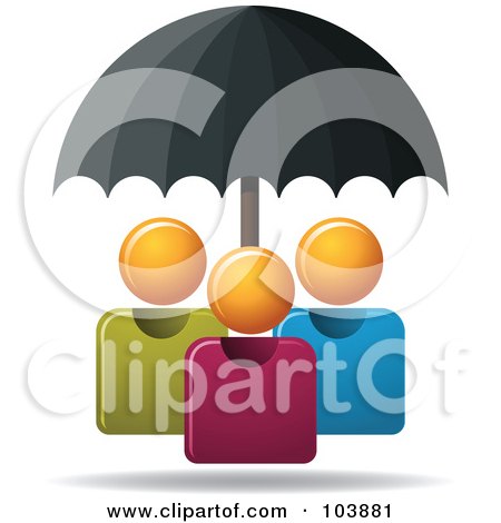 Royalty-Free (RF) Clipart Illustration of a Black Umbrella Providing Protection For Three Orange Faceless People by Qiun