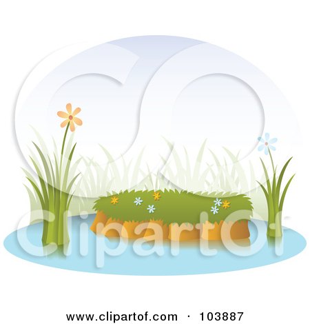 Royalty-Free (RF) Clipart Illustration of Orange And Blue Flowers By An Island In A Pond by Qiun