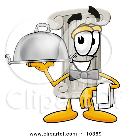 Clipart Picture of a Pillar Mascot Cartoon Character Dressed as a Waiter and Holding a Serving Platter by Mascot Junction