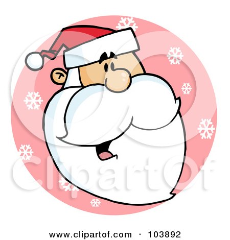 Royalty-Free (RF) Clipart Illustration of a Happy Cartoon Santa Head Facing Right On A Pink Snowflake Circle by Hit Toon