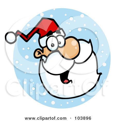 Royalty-Free (RF) Clipart Illustration of a Santa Face Laughing In A Blue Snowy Circle, Facing Right by Hit Toon