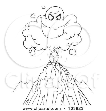 Royalty-Free (RF) Clipart Illustration of a Coloring Page Outline Of An Evil Ash Cloud Above An Erupting Volcano by Hit Toon