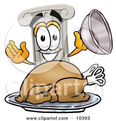 Clipart Picture of a Pillar Mascot Cartoon Character Serving a Thanksgiving Turkey on a Platter by Mascot Junction