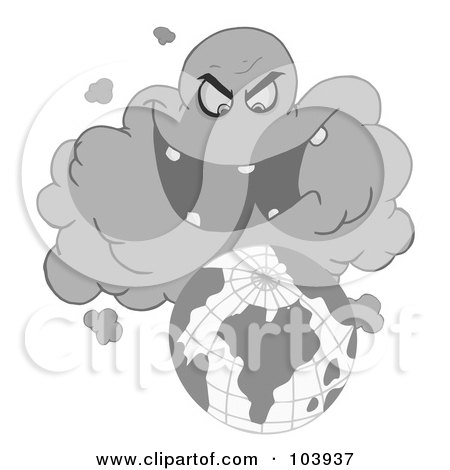 Royalty-Free (RF) Clipart Illustration of a Grayscale Evil Black Cloud Laughing At Earth by Hit Toon