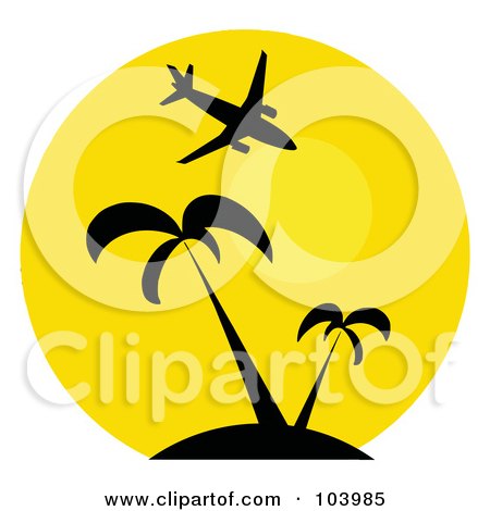 Royalty-Free (RF) Clipart Illustration of a Silhouetted Plane Over Palm Trees And The Sun In A Yellow Circle by Hit Toon