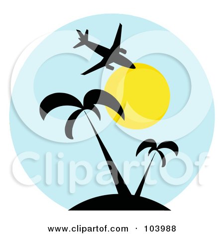 Royalty-Free (RF) Clipart Illustration of a Silhouetted Plane Over Palm Trees And The Sun In A Blue Circle by Hit Toon