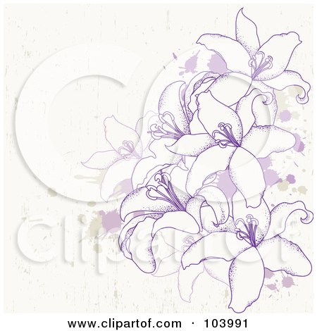 Royalty-Free (RF) Clipart Illustration of Purple Lilies And Splatters by OnFocusMedia