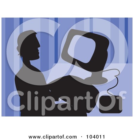 Royalty-Free (RF) Clipart Illustration of a Silhouetted Man Using A Computer Over Purple by Prawny