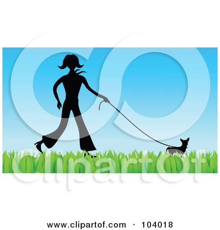 Royalty-Free (RF) Clipart Illustration of a Royalty-free clipart picture of a Silhouetted Woman Walking A Dog On Grass by Prawny