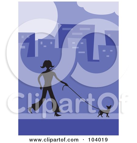 Royalty-Free (RF) Clipart Illustration of a Silhouetted Woman Walking A Dog In A Purple City by Prawny