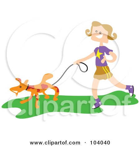 Royalty-Free (RF) Clipart Illustration of a Square Head Girl Walking A Dog by Prawny