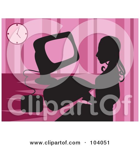 Royalty-Free (RF) Clipart Illustration of a Silhouetted Woman Using A Computer Over Pink by Prawny