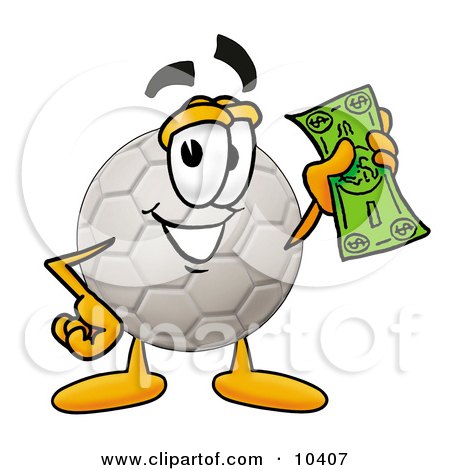 Clipart Picture of a Soccer Ball Mascot Cartoon Character Holding a Dollar Bill by Mascot Junction