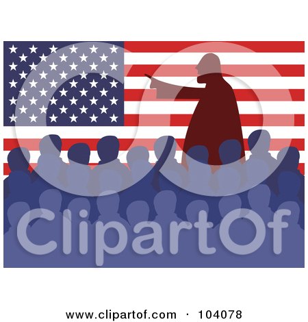 Royalty-Free (RF) Clipart Illustration of a Silhouetted Man Speaking At A Meeting In Front Of An American Flag by Prawny