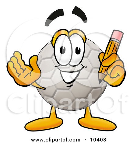 Clipart Picture of a Soccer Ball Mascot Cartoon Character Holding a Pencil by Mascot Junction