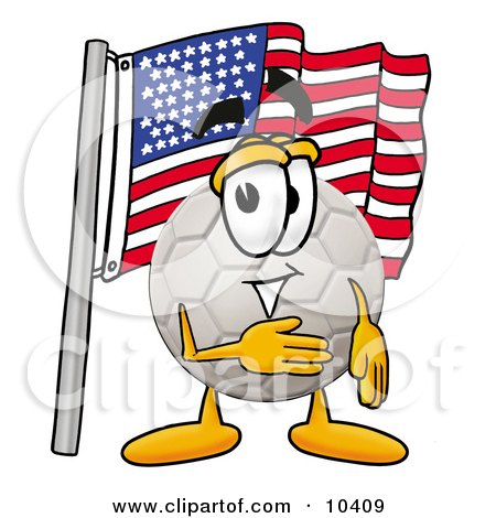 Clipart Picture of a Soccer Ball Mascot Cartoon Character Pledging Allegiance to an American Flag by Mascot Junction