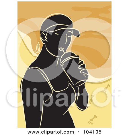 Royalty-Free (RF) Clipart Illustration of a Silhouetted Woman Drinking On A Beach by Prawny