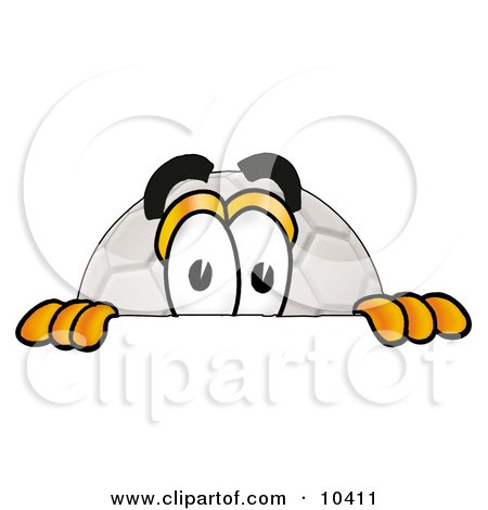 Clipart Picture of a Soccer Ball Mascot Cartoon Character Peeking Over a Surface by Mascot Junction