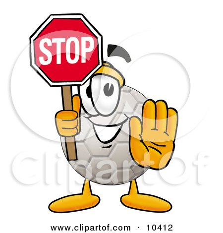 Clipart Picture of a Soccer Ball Mascot Cartoon Character Holding a Stop Sign by Mascot Junction