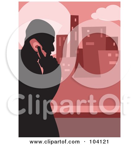 Royalty-Free (RF) Clipart Illustration of a Silhouetted Guy Talking On A Cell Phone, Over Pink by Prawny
