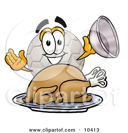 Clipart Picture of a Soccer Ball Mascot Cartoon Character Serving a Thanksgiving Turkey on a Platter by Mascot Junction