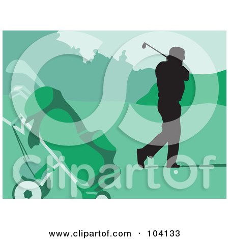 Royalty-Free (RF) Clipart Illustration of a Silhouetted Golfer Over Green by Prawny