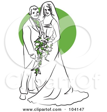 Royalty-Free (RF) Clipart Illustration of a Happy Bride And Groom With Green Flowers by Prawny